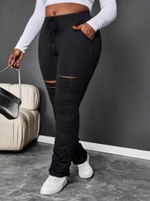 Maweii 大码女式纯色系腰破洞口袋紧身休闲裤 - 黑色 - 查看 6