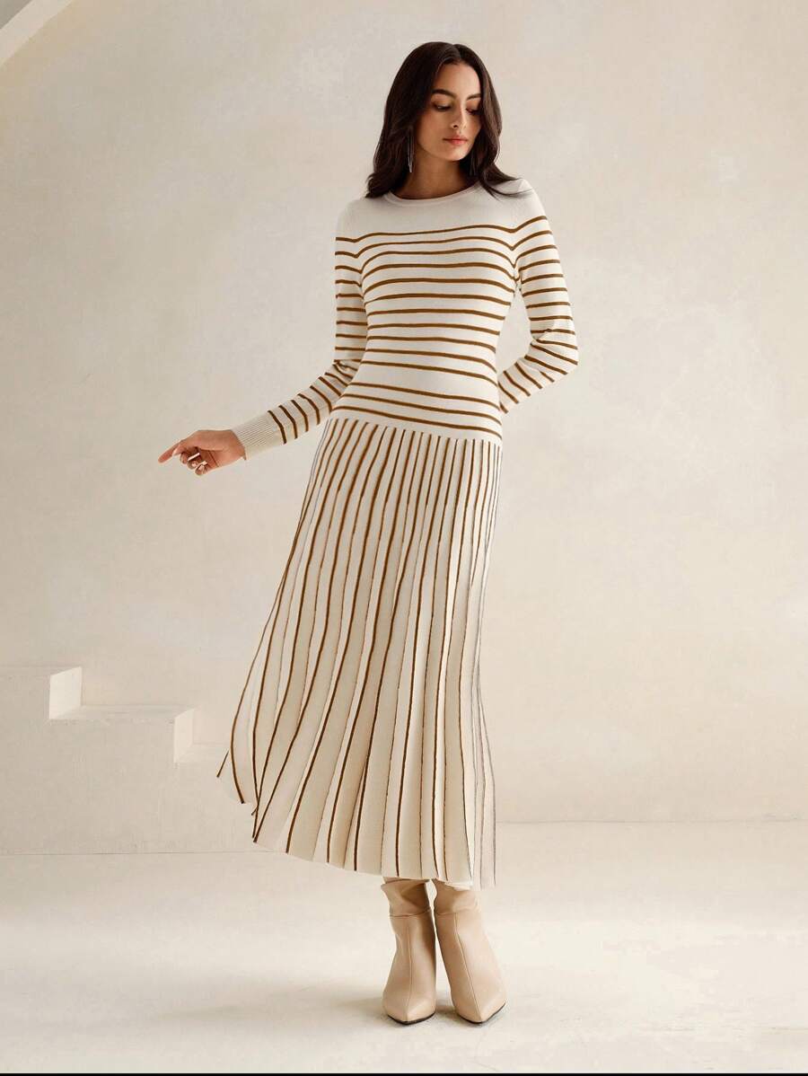 Anewsta Women's Elegant Striped Knitted Maxi Pleated Dress, Autumn/Winter - Maroon - View 1