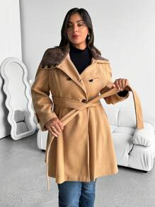 SHEIN Clasi Plus Size Fluffy Patchwork Collar Button Cinched Waist X-Shaped Knitted Jacket Winter Clothes For Women - Camel - View 4