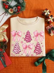 INAWLY Plus Size Women's Crew Neck Christmas Sweatshirt With Bowknot & Christmas Tree Print, For Winter Pullover Fall - Apricot - View 3