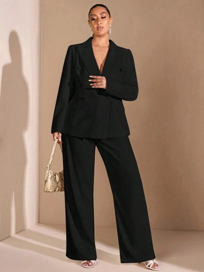 SHEIN BAE Plus Size Women Fall Elegant Commuter Business Black Overlapping Placket Women's Jacket Formal Suit Autumn