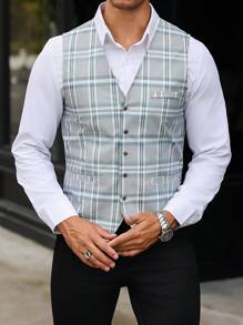 Manfinity Bizformal Men's V-Neck Single-Breasted Casual Plaid Vest