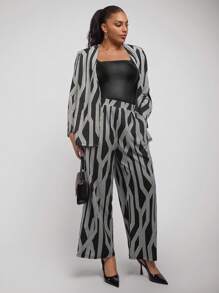 SHEIN Clasi Plus Size Full Print Long Sleeve Top And Pants Elegant 2 Pieces Set, Suitable For Commuting - Black and White - View 4