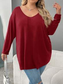 SHEIN CURVE+ Plus Size Red V-Neck Casual Long Sleeve Red T-Shirt
