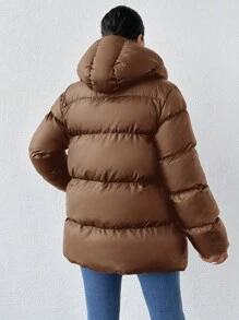 SHEIN Tall Solid Color Hooded Zip-Up Long Sleeve Winter Jacket