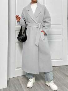 EURMUSE Áo khoác len cổ ve kép cài khuy túi chéo thắt lưng buộc eo - Màu Xám nhạt - Xem 6