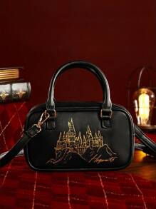 HARRY POTTER X SHEIN 城堡图案拉链手提包，礼品 - 黑色 - 查看 3
