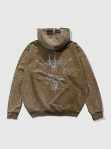 ROMWE MEN Street Life Men's Washed Letter Print Long Sleeve Hoodie, Loose Fit, Autumn - Green - View 2