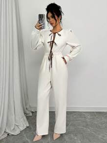 Elenzga Women's Bowknot Front Textured Comfy & Elegant Jumpsuit Fall Cloth For Women