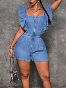 女式夏季甜心领荷叶边拉链休闲牛仔连体衣 - 藍色 - 查看 4