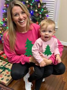 Christmas Casual Creative Christmas Tree Pattern Basic Crew Neck Sweatshirt For Toddler Girls - Pink - View 3