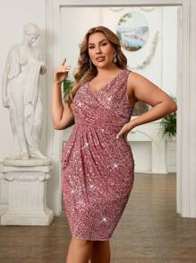 SHEIN Belle 加大码不对称裹身优雅 V 领短款亮片面料鸡尾酒会礼服，橄榄绿，舞会半正式礼服，适合生日、婚礼嘉宾、毕业典礼、晚宴、返校节