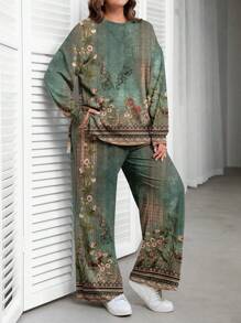 EMERY ROSE Vintage Floral Print Casual Minimalist Plus Size Sweatshirt Set, Spring & Autumn