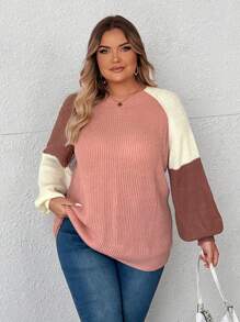 SHEIN CURVE+ Women's Plus Loose-Fit Lantern Sleeve Contrast Color Round Neck Sweater, Fashion & Slouchy, Autumn/Winter Knit Pullover Fall - Multicolor - View 5