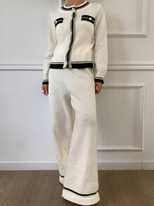 DAZY 2pcs Women Knit Sweater Cardigan Set With Long Pants - Black and White - View 6