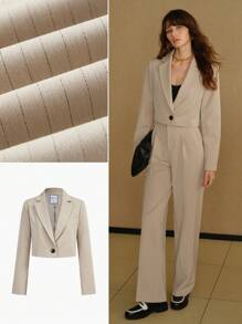 MOTF STUDIO STRIPED PRINT LAPEL COLLAR CROP BLAZER