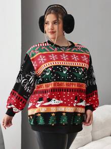 SHEIN CURVE+ Maglione natalizio con maniche lunghe in pile, taglie comode e morbide, per donna, adatto per autunno/inverno