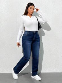 SHEIN Tall CURVE Plus Size Women Straight Leg Pockets Casual Versatile Denim Jeans, Fall Women Clothes