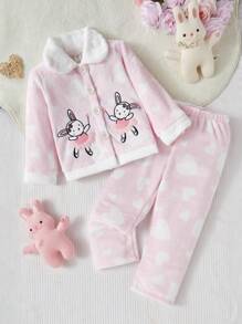 2pcs Young Girls Cute Rabbit & Heart Print Flannel Pajama Set - Baby Pink - View 3