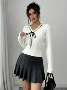 Chiquease Apricot V-Neck Drawstring Casual Long Sleeve Pullover Sweater, Knit Pullover Fall Winter - Apricot - View 5