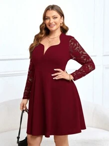 SHEIN Clasi Robe élégante à manches longues avec contraste de dentelle, grande taille, automne