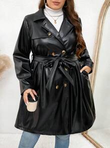 SHEIN LUNE 加大码秋装纽扣长袖腰带宽松时尚个性化风衣女大衣冬季外套秋季女装加大码秋装