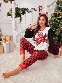 SHEIN Women&Girls Simple Christmas Theme Graphic Long Sleeve Top And Pants Matching Casual Lounge Set, Comfortable Home Outfit