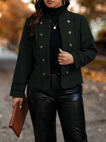 Celure Women Plus Size Metal Button Decor Long Sleeve Casual Jacket, Autumn - Dark Green - View 1