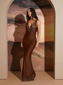 Hauture Lace Detail Trim Maxi Elegant Party Dress - Coffee - View 3