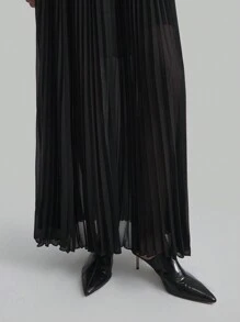 Ontre 女士黑色百褶裙，商务休闲雪纺高腰裙，优雅秋冬/返校装 - 黑色 - 查看 3
