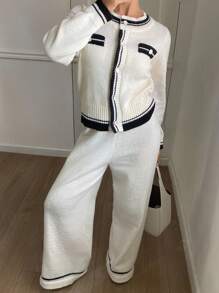 DAZY 2pcs Women Knit Sweater Cardigan Set With Long Pants - Black and White - View 4