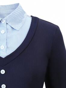 Conjunto de 2 piezas para niñas preadolescentes: Blusa con cuello y pantalones formales, estilo elegante universitario - Azul Marino - Ver 4
