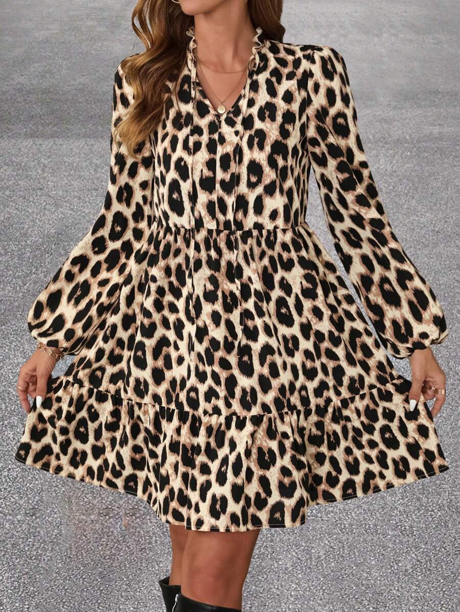 SHEIN Clasi Urban Chic Animal Print V-Neck Lantern Sleeve Loose Casual Mini Dress, Autumn/Winter - Apricot - View 1