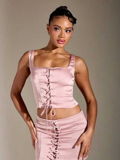 MISSGUIDED Satin Lace Up Square Neck Top