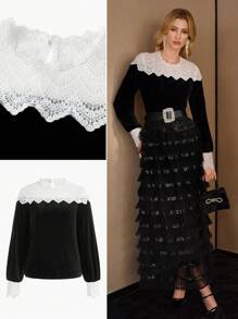 MOTF PREMIUM VELVET CONTRAST LACE YOKE BLOUSE - Black - View 9