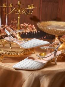 CUCCOO TILAWA Women's Silver Pointed Toe Rhinestone Embellished High Heels Bridal Sandals Spring Shoes Spring Break Easter Prom Heels