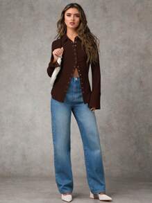 SHEIN BAE 女士春/秋/冬纯白色休闲百搭针织纽扣长袖衬衫/上衣