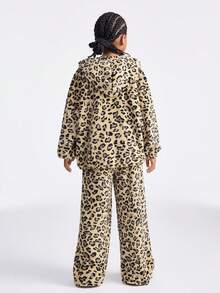 SHEIN Bộ quần dài tay rộng thùng thình giữ ấm màu nâu cho bé gái tuổi mới lớn, trang phục hai mảnh, áo hoodies/áo len giữ ấm cơ bản mùa thu/đông - màu nâu - Xem 2