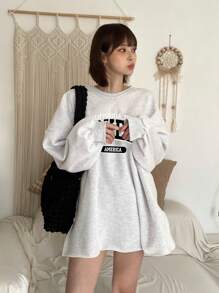 DAZY 女式超大落肩字母印花保暖衬里套头衫，秋冬款 - 灰色 - 查看 3