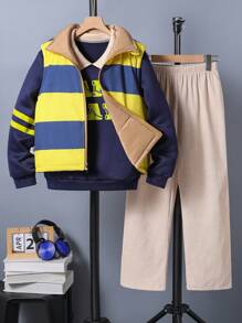 SHEIN Explorewe 2 pièces/Set Style universitaire américain décontracté pour pré-adolescents, ensemble 3 pièces - gilet réversible à rayures, sweat-shirt manches longues imprimé lettres et pantalon en velours côtelé, adapté pour l'automne et l'hiver - Multicolore - Voir 4