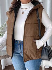 SHEIN LUNE Plus Size Women Casual Plain Color Slanted Pockets Zip-Up Hooded Padded Vest, Autumn/Winter Fall - Brown - View 6