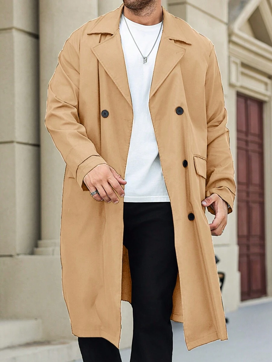 Manfinity Homme Áo khoác dài tay cổ ve màu trơn cỡ lớn cho nam, quần áo mùa thu, hai hàng khuy, thường ngày - Màu be - Xem 1