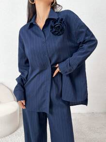 Mulvari 2pcs Women Solid Color Front Button Floral Applique Long Sleeve Top And Pants Casual Suit