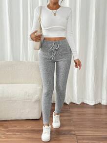 SHEIN Frenchy 纯色针织罗纹弹力腰部紧身黑色粒面面料女式紧身打底裤 - 灰色 - 查看 5