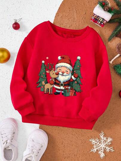 SHEIN Playful Pals Sudadera casual de cuello redondo para niño pequeño con gráfico impreso de Papá Noel y un lindo ciervo, cómoda y cálida