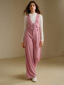 Anewsta Pijama elegante de mujer con efecto pana, decoración de bolsillo falso para uso diario