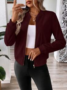 SHEIN Clasi 经典复古纯色灯芯绒夹克，休闲风格，秋季 - 酒紅色 - 查看 5