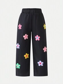 SHEIN Girls' Black Pants With Colorful Floral Pattern, Casual & Fashionable Design, Suitable For Spring And Autumn