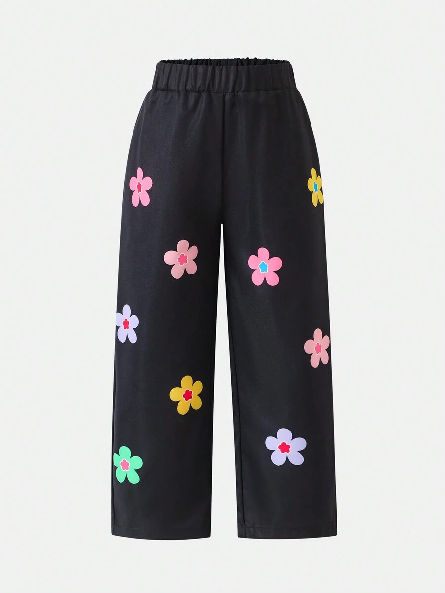 SHEIN Girls' Black Pants With Colorful Floral Pattern, Casual & Fashionable Design, Suitable For Spring And Autumn
