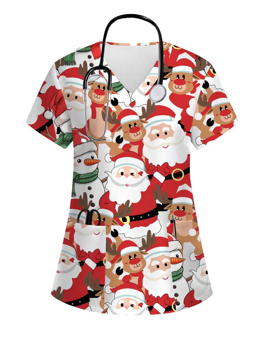PopScrub Cute Christmas Santa Claus, Reindeer, Snowman Print V-Neck Short Sleeve Scrub Uniform Top, Women - White - View 1